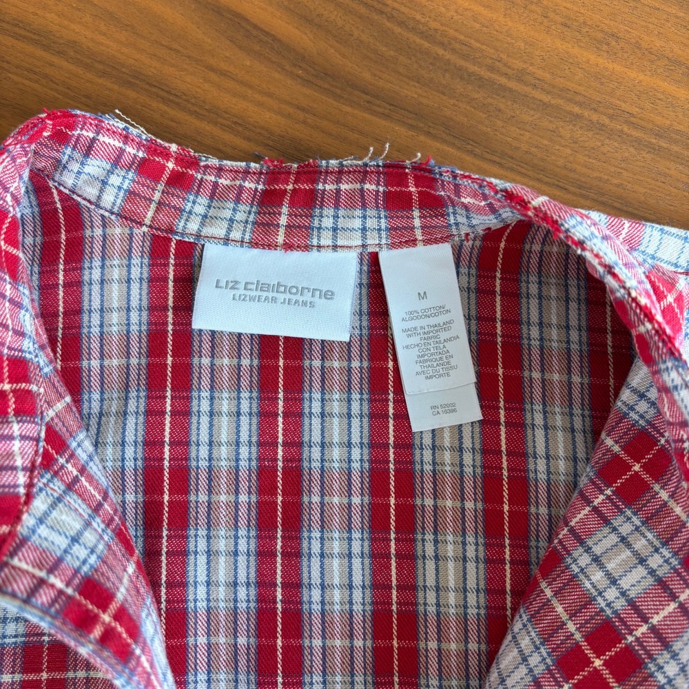90s Vintage Liz Claiborne Top M Lizwear Cotton Plaid Western Cowgirl Grunge - Picture 8 of 15